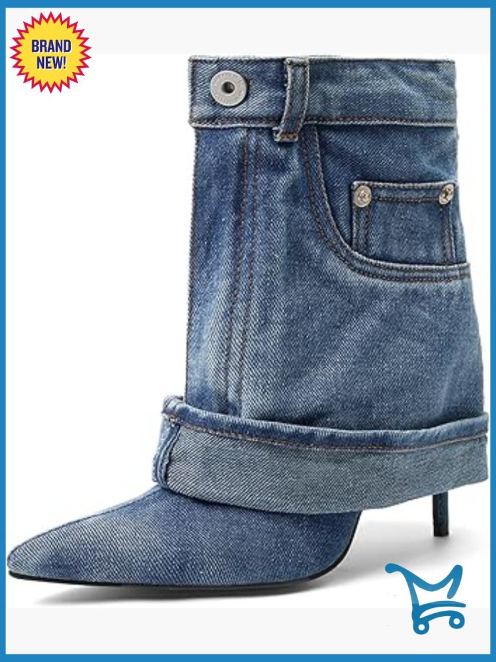 Pointed Toe Stiletto High Heel Ankle Booties Fold Over Denim Boots
